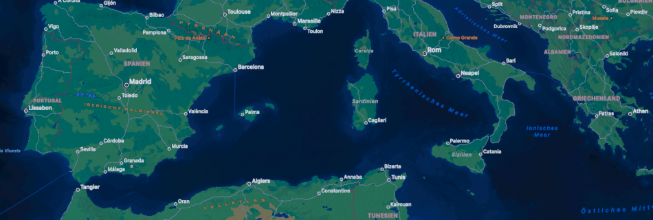 Landkarte, die das westliche Mittelmeer mit den darumliegenden Staaten und größeren Städten zeigt