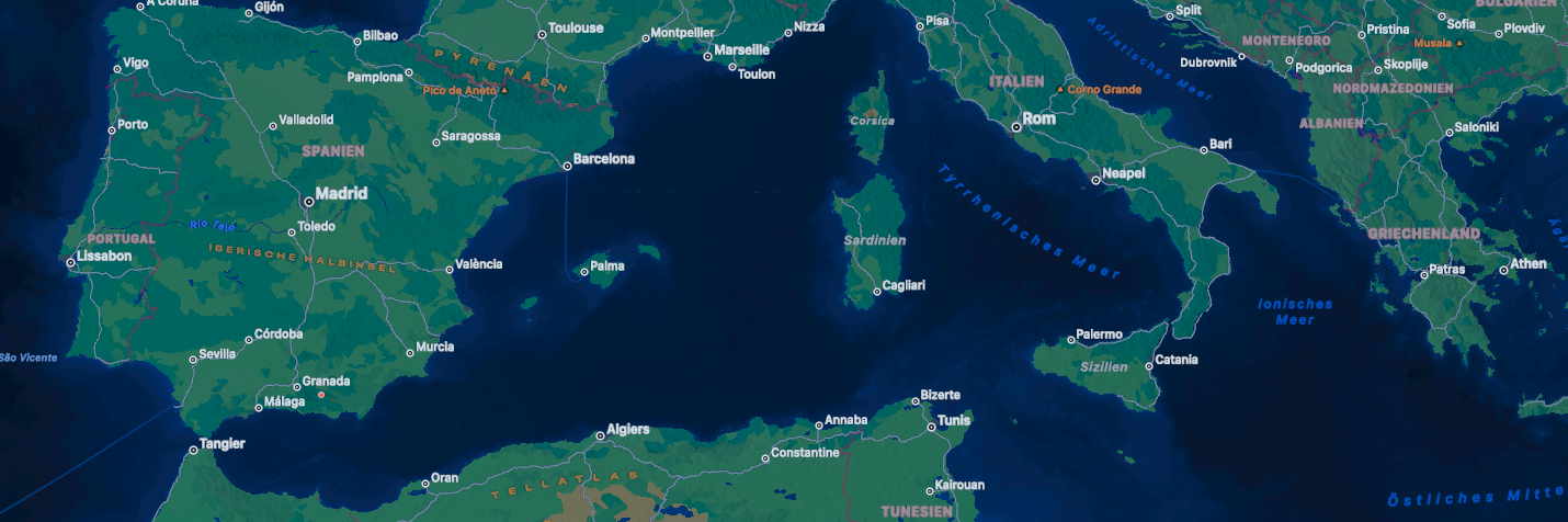 Landkarte, die das westliche Mittelmeer mit den darumliegenden Staaten und größeren Städten zeigt